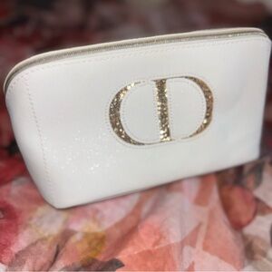 Dior White Sparkle Cosmetic Bag w/ Shimmering Logo, Silver Star Zip